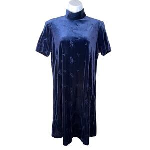 Vintage 90s CDC Caren Desiree Company Blue Velvet Mock Neck Short Sleeve Dress